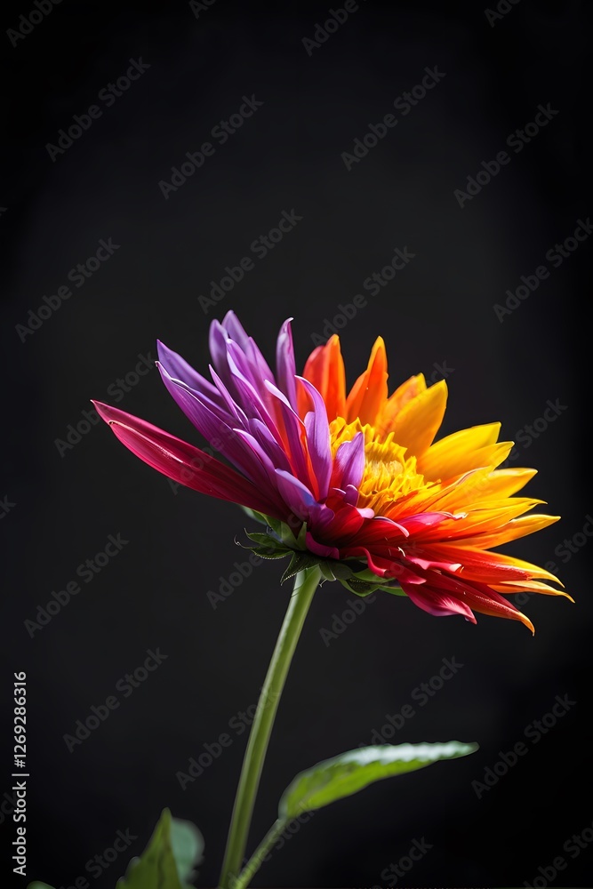 A beautiful colorful flower against a rustic dark background with copy space