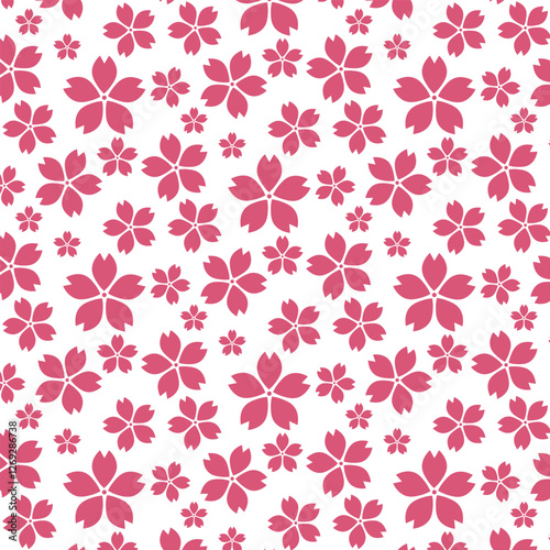 Vector seamless pattern pink cherry blossoms (sakura) on a clean white background. This delicate and cheerful floral design evokes a sense of springtime, renewal, and Japanese-inspired aesthetics