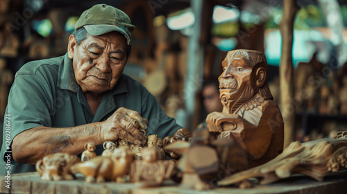 In Costa Rica, an artisan carves wooden figurines of indigenous animals to sell at the market, his hands steady and precise as he brings to life creatures that are both cultural symbols 