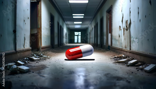Wallpaper Mural An abandoned hospital corridor with peeling walls, debris-strewn floors, and a single large red-and-white capsule powerfully symbolizing a severe medicine shortage crisis. Torontodigital.ca
