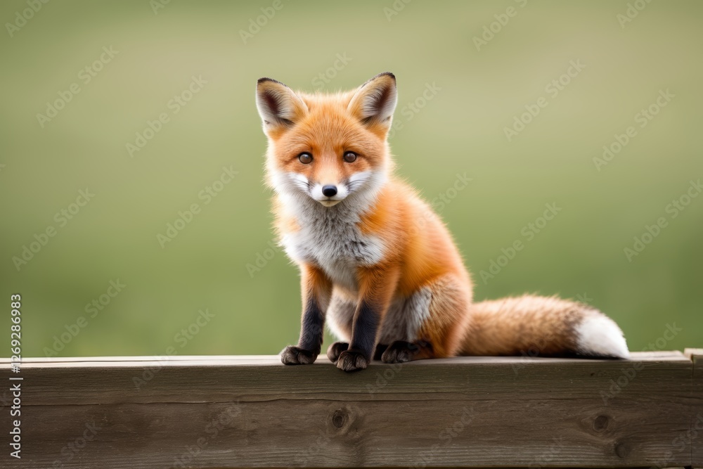 Fototapeta premium there is a red fox sitting on a wooden fence looking at the camera