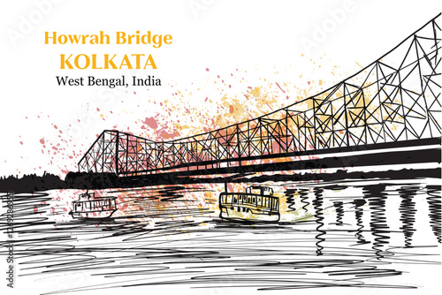Detailed Ink Sketch of Howrah Bridge in Kolkata, West Bengal – Historic Indian Landmark with Watercolor Texture and Urban River Scene