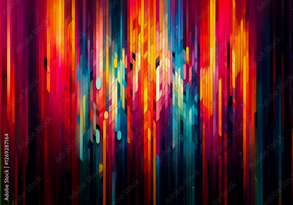 Colorful abstract image. Vibrant vertical lines create a dynamic digital artwork. Red, orange, yellow, blue, and purple hues blend in a modern style.