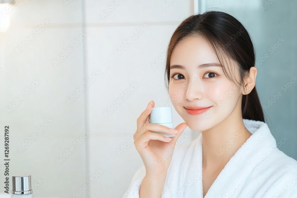Woman in bathrobe holding a small container, bathroom setting, skincare routine Woman in bathrobe holding a small container, bathroom setting, skincare routine