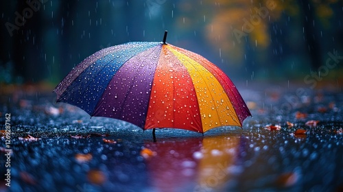 Colorful umbrella in rain, autumn forest background, tranquil scene photo