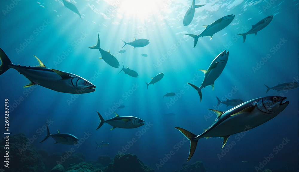 Fototapeta premium Tuna swimming in schools, serene mood, underwater scene in the ocean