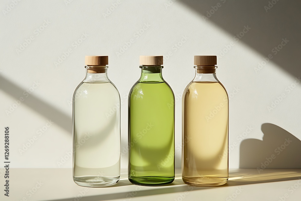 Three Glass Bottles with Wooden Lids - Simple and Stylish Three Glass Bottles with Wooden Lids - Simple and Stylish