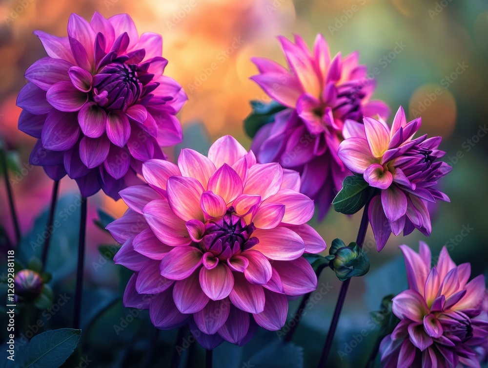Obraz premium Beautiful dahlia flowers blooming in vibrant shades of purple during the summer season