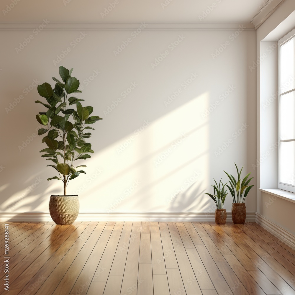 A sunlit corner of a minimalist room featuring a tall potted plant and smaller plants, with warm wooden flooring and a bright window.