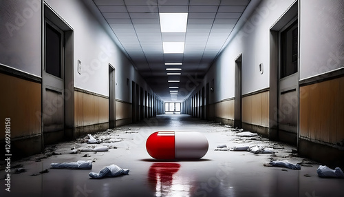 Wallpaper Mural An abandoned hospital corridor with peeling walls, debris-strewn floors, and a single large red-and-white capsule powerfully symbolizing a severe medicine shortage crisis. Torontodigital.ca