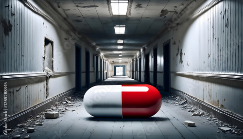 Wallpaper Mural An abandoned hospital corridor with peeling walls, debris-strewn floors, and a single large red-and-white capsule powerfully symbolizing a severe medicine shortage crisis. Torontodigital.ca