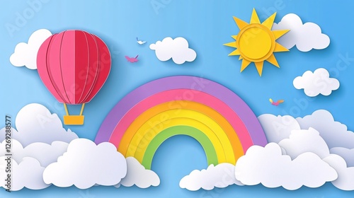 Paper art of hot air balloon flying in the sky with rainbow and clouds.