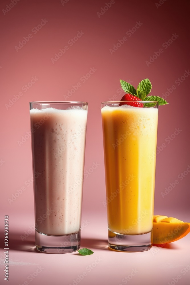 Refreshing smoothies: strawberry & mango blends, garnished with fresh mint and fruit slices. Delicious! Refreshing smoothies: strawberry & mango blends, garnished with fresh mint and fruit slices. Delicious!
