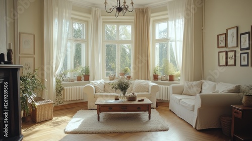 Sunlight-filled living room, cozy corner, relaxing atmosphere, ideal for a magazine cover or product photoshoot