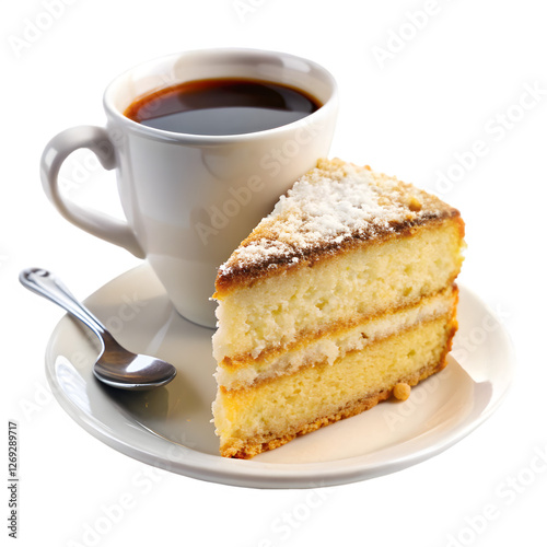 Piece of sponge cake with cup of coffee isolated on transparent background 