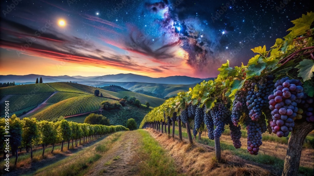 Fototapeta premium Tuscan Vineyard Night Photography: Sangiovese Grapes & Chianti Landscape