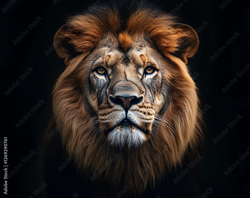 Majestic lion portrait showcasing its powerful gaze and impressive mane against a dark background capturing the essence of its regal presence and wild beauty in a studio setting Majestic lion portrait showcasing its powerful gaze and impressive mane against a dark background capturing the essence of its regal presence and wild beauty in a studio setting