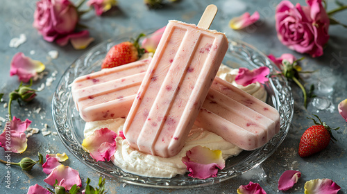 Strawberry Vanilla Popsicles with Dreamy Pastel Aesthetics Pastel pink strawberry popsicles infused with vanilla bean, artistically placed on a glass plate with loose rose petals. photo