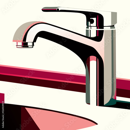 Modern chrome faucet with burgundy counter detail. Sleek contemporary design in graphic style. Luxurious bathroom fixture. Concept: Modern plumbing, Interior design, Luxury fixtures