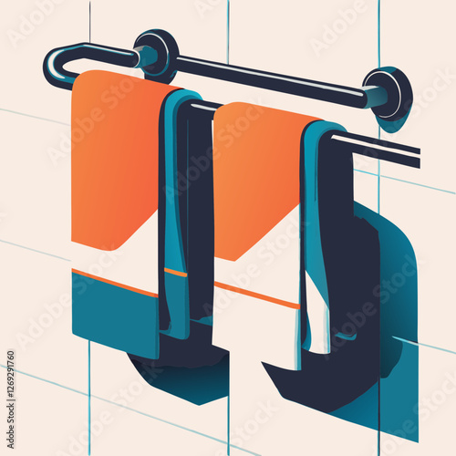 Colorful digital illustration of towel rail with orange and blue towels hanging in tiled bathroom interior. Concepts: drying, cleanliness, interior decor, bathroom essentials, contrast, morning routin