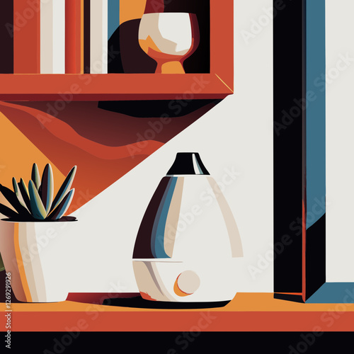 Modern humidifier displayed with succulent on contemporary shelf. Books and glassware create styled vignette. Concept: Home decor, wellness living, interior design