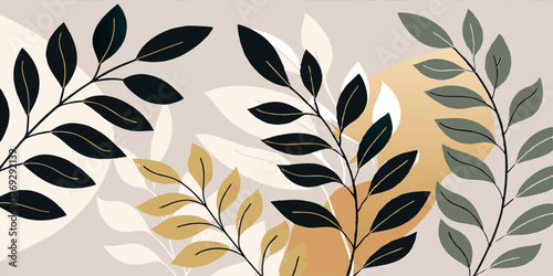 Multicolored botanical branches with soft shadows on neutral gray background, arranged in layered composition. Concept: decorative foliage, modern plant art, nature pattern.