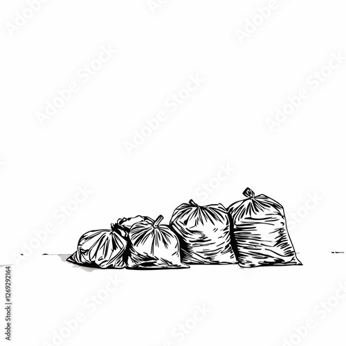 Four full garbage bags arranged in line. Simple minimalist sketch shows waste disposal scene. Environmental statement in black and white. Concept: Waste Management, Environmental Services