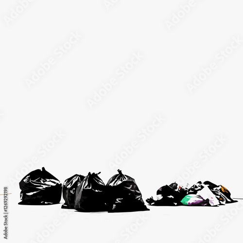 Black garbage bags and scattered waste on stark white background. High contrast composition suggests environmental themes. Concept: Waste management, environmental services.