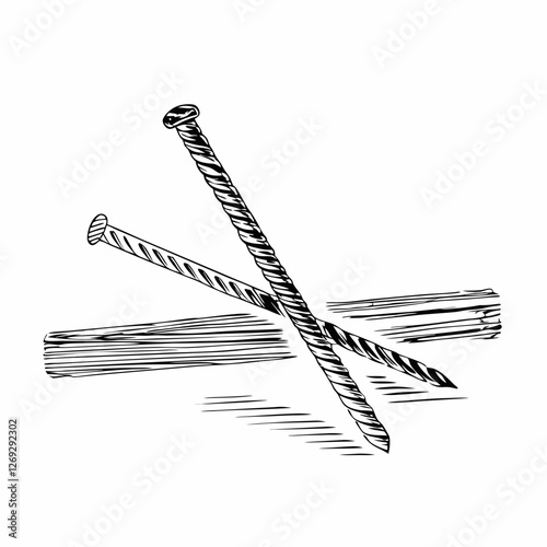 Two spiral nails rest on lumber pieces in vintage woodworking illustration. Detailed line drawing shows carpentry elements. Concept: Lumber yard, Carpentry shop, Hardware store