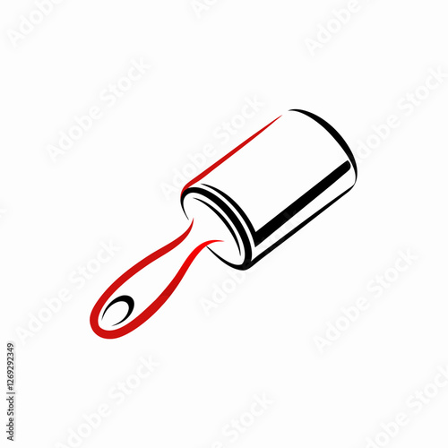 Black and red line art of lint roller tool with handle. Concepts: pet hair removal, cleaning clothes, wardrobe care, textile maintenance, portable tool.