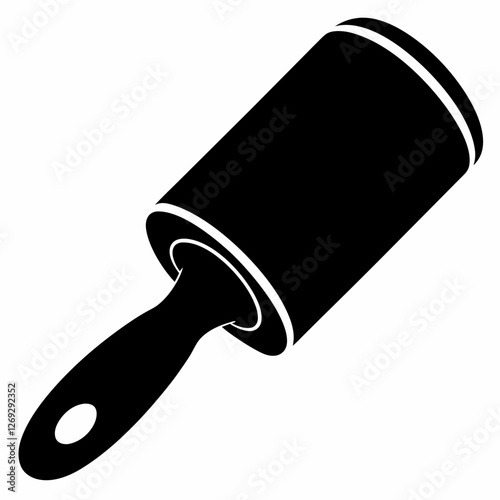 Isometric lint roller illustration in crisp black and white. Ergonomic handle design emphasizes functionality. Concept: Cleaning supplies, household maintenance, organization