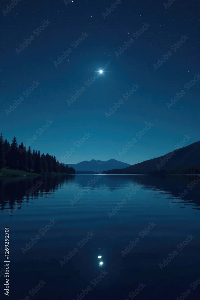 Fototapeta premium A single star shining over the lake's dark surface, serenity, reflection, water