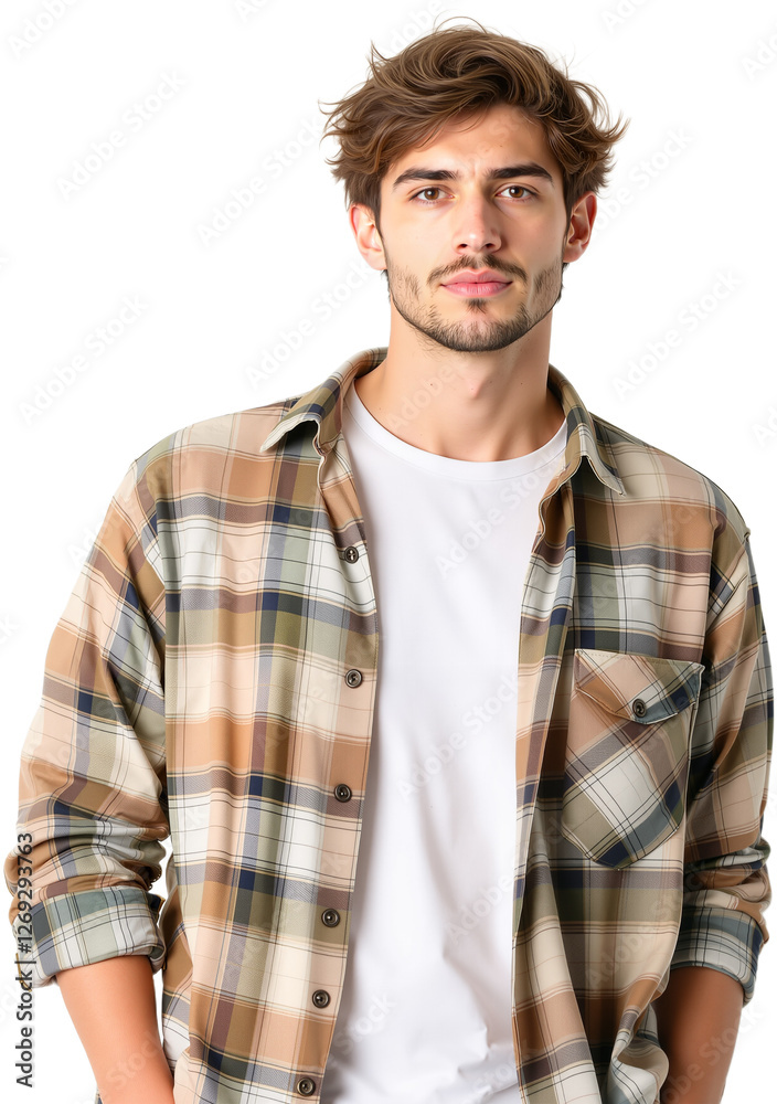 Confident Young Man in Plaid Flannel Shirt with Relaxed Posture Against a White Background Confident Young Man in Plaid Flannel Shirt with Relaxed Posture Against a White Background