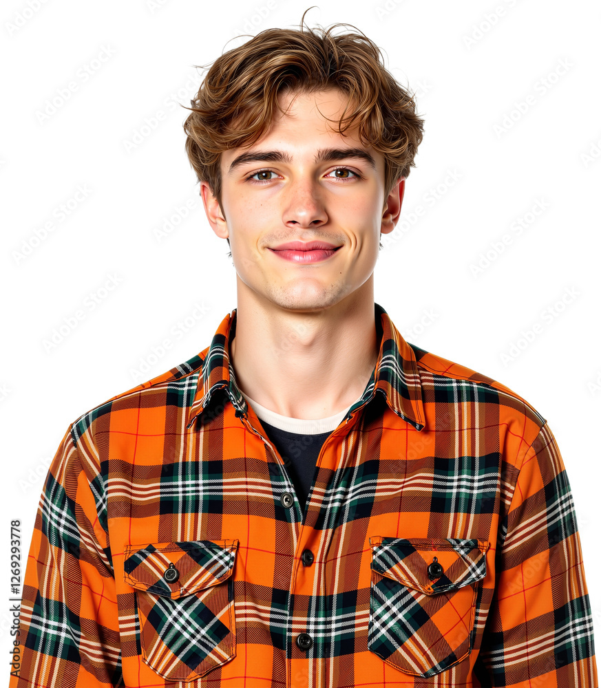 Confident Young Man in Plaid Flannel Shirt with Relaxed Posture Against a White Background Confident Young Man in Plaid Flannel Shirt with Relaxed Posture Against a White Background