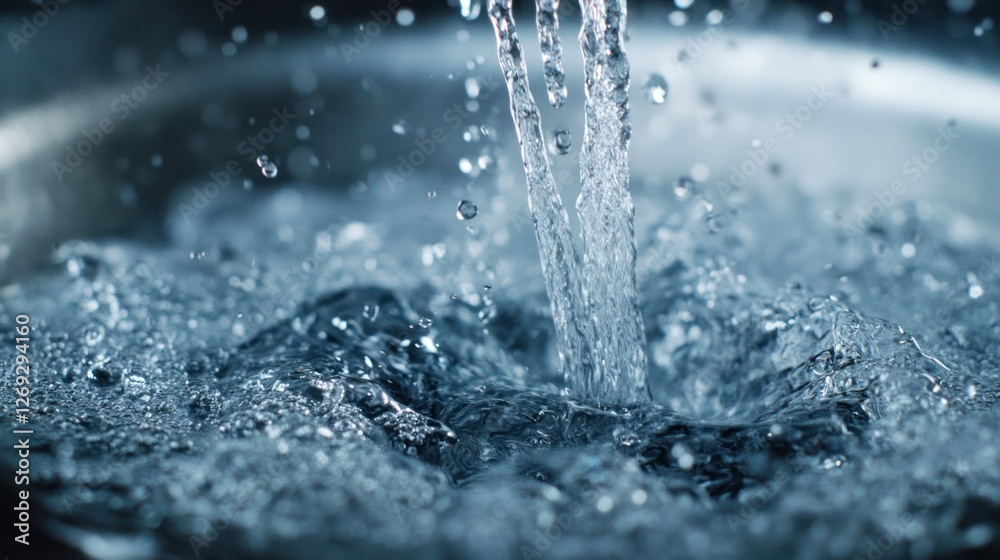 Water pouring into bowl, splash, dark background, freshness concept Water pouring into bowl, splash, dark background, freshness concept