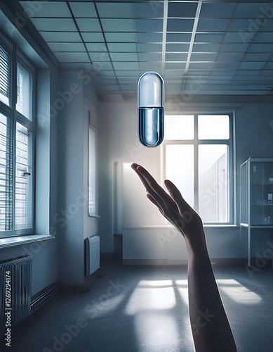 Wallpaper Mural A conceptual scene in a sterile hospital room where a hand reaches toward a floating, transparent capsule, symbolizing hope amid a severe medicine shortage. Torontodigital.ca
