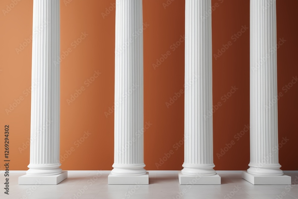 three white pillars with a red wall in the background three white pillars with a red wall in the background