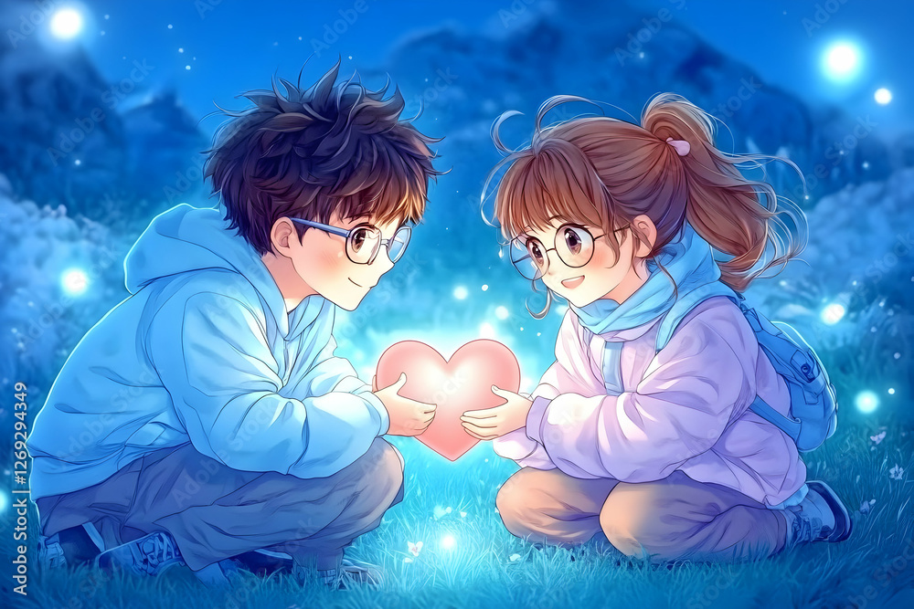 Cute cartoon couple sharing heart at night, mountains in background, possible use as social media post Cute cartoon couple sharing heart at night, mountains in background, possible use as social media post