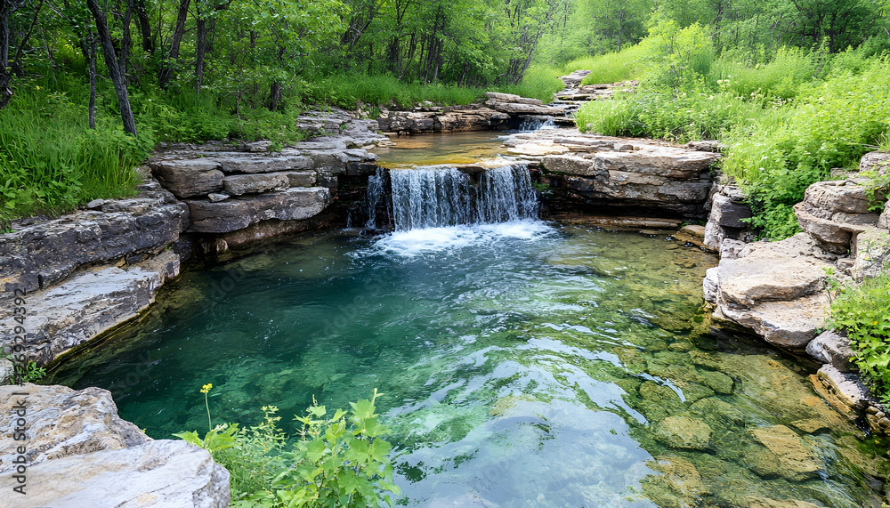 Naklejka premium Crystal clear spring waterfall cascading over limestone rocks in lush forest. Possible use Nature photography