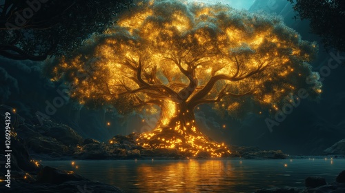The Tree of Life, glowing with vibrant fruit and roots extending deep into clear waters