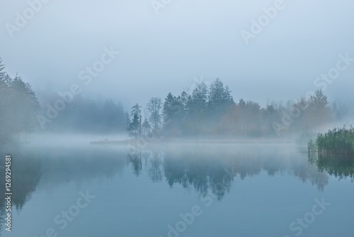 Morgendlicher Nebel über dem Almsee in Oberösterreich