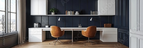 Modern Home Office With Two Leather Chairs And White Desk