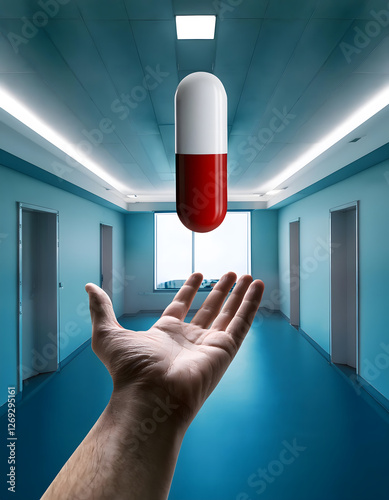 Wallpaper Mural A conceptual scene in a sterile hospital room where a hand reaches toward a floating, transparent capsule, symbolizing hope amid a severe medicine shortage. Torontodigital.ca