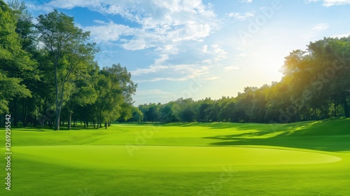 Scenic Golf Course with Lush Greenery and Morning Sunlight