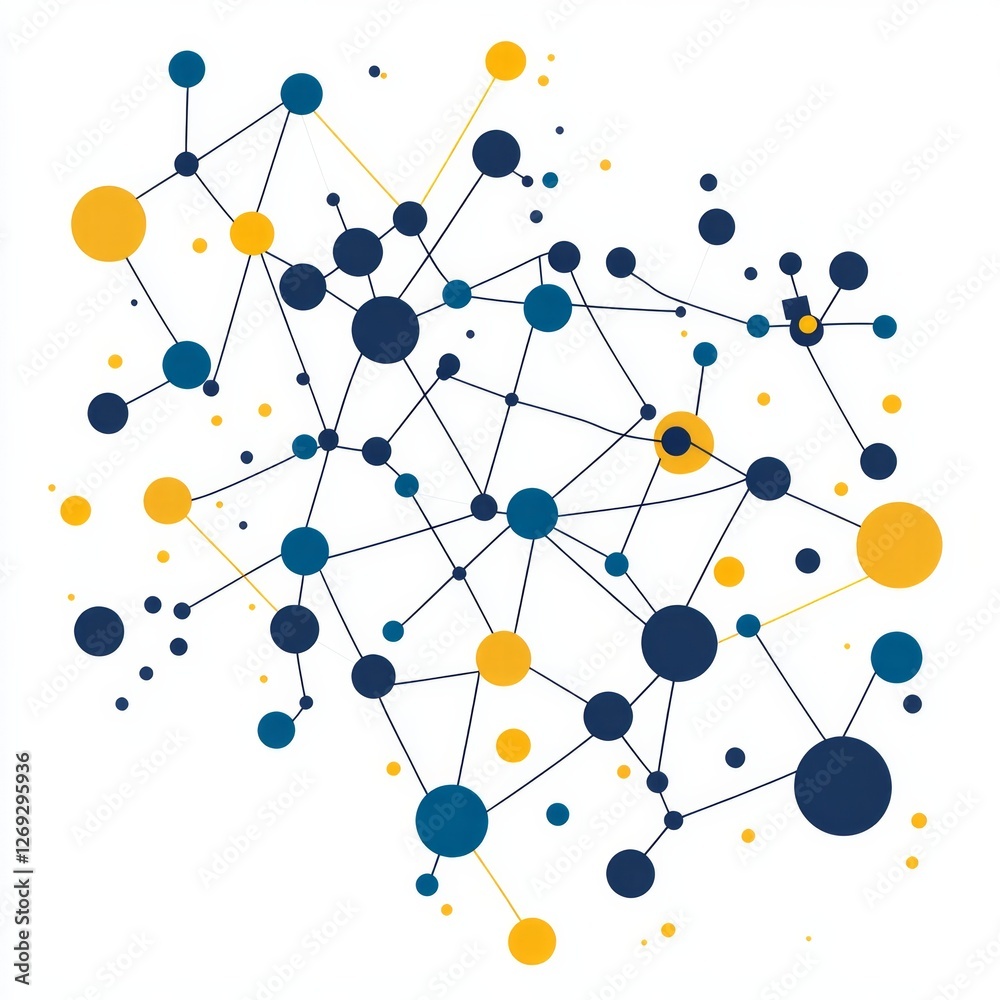 Geometric network of interconnected nodes with yellow and blue circles Geometric network of interconnected nodes with yellow and blue circles