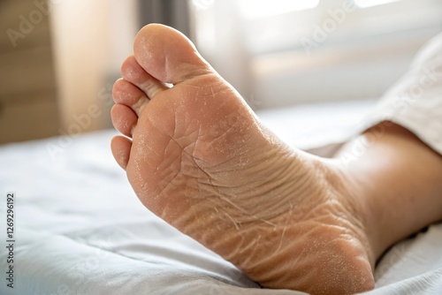 A detailed close-up of the textured skin on the bottom of a foot, possibly showing wrinkles, dryness, or calluses.