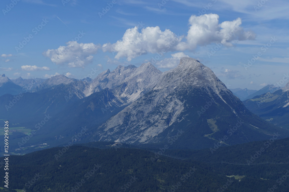 Panoramic view Hohe Munde from Nordlinger hut on Karwendel Hohenweg, Austria Panoramic view Hohe Munde from Nordlinger hut on Karwendel Hohenweg, Austria