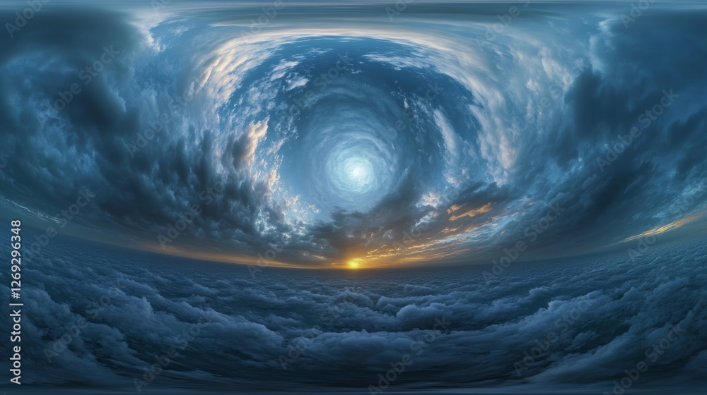 Fototapeta premium Celestial Whirl: A Dreamlike 360-Degree View of Clouded Dusk