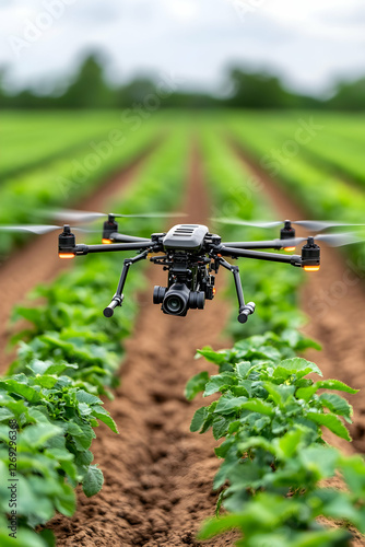 Drone surveying potato field photo