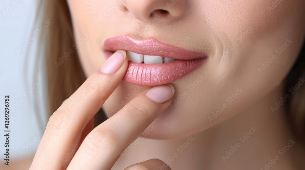 Close-up of a woman gently touching her lips with a soft smile, set against a light background, conveying beauty and care Close-up of a woman gently touching her lips with a soft smile, set against a light background, conveying beauty and care